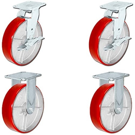 Casterhq Heavy Duty Casters, 8"x2". Heavy Duty Caster Set W/ Red, PK4 8ICS4-HD